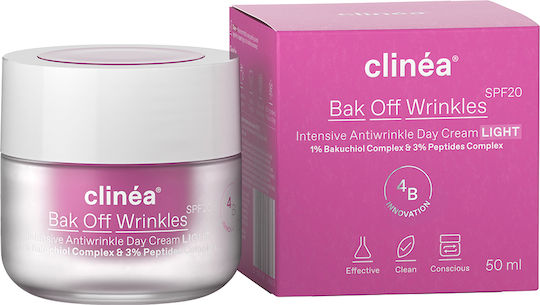 Clinea Bak Off Wrinkles Light Light Αντιγηραντική Κρέμα Προσώπου Ημέρας με SPF20, Πεπτίδια & Πρεβιοτικά 50ml