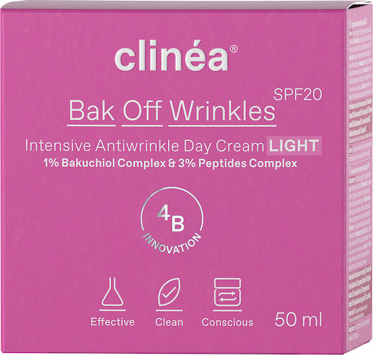 Clinea Bak Off Wrinkles Light Light Αντιγηραντική Κρέμα Προσώπου Ημέρας με SPF20, Πεπτίδια & Πρεβιοτικά 50ml