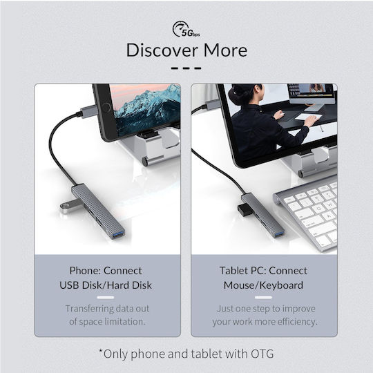 Orico USB Хъб 4 Порта USB 3.1 с USB-A Сив