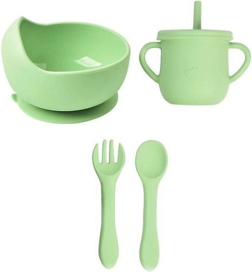 Set de Hrană din Silicon cu Bază Antiderapantă Verde 4 Buc pentru 6+ Luni