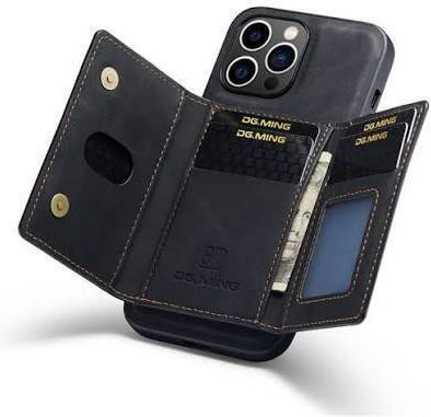DG.MING Synthetic Leather Wallet / Tempered Glass Black (iPhone 15 Pro) Case085039