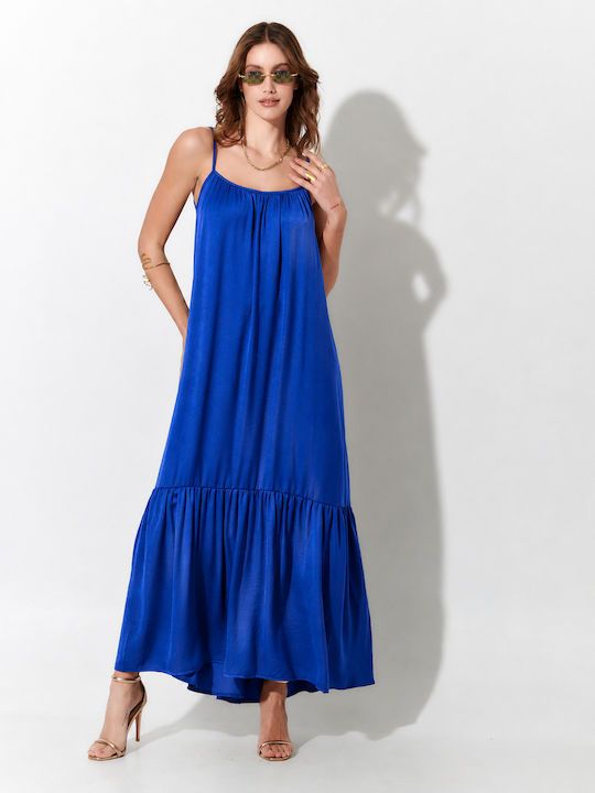 Summer Maxi Slip Dress with Ruffles Blue