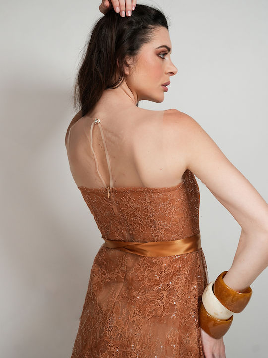 Summer Midi Evening Slip Dress with Lace and Ruffles Bronze