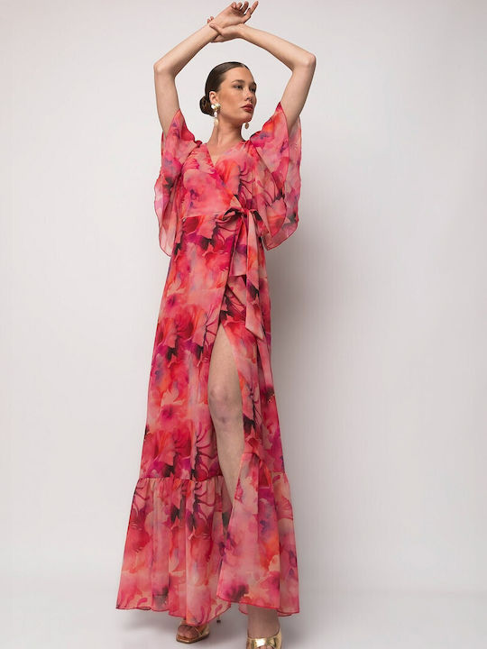 Summer Maxi Shirt Dress Wrap with Ruffles Fuchsia
