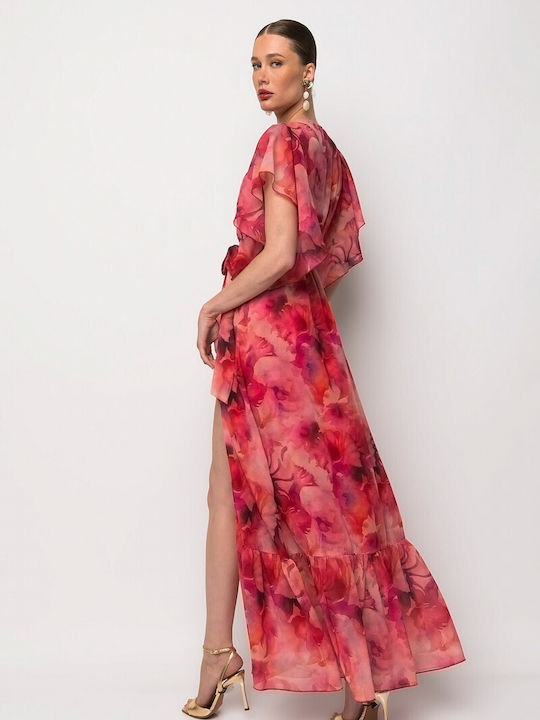 Summer Maxi Shirt Dress Wrap with Ruffles Fuchsia