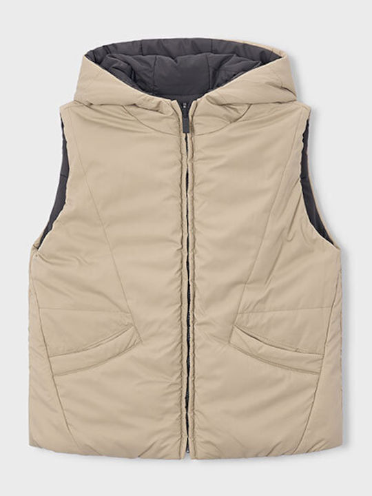 Kids Casual Sleeveless Short Hooded Jacket Beige