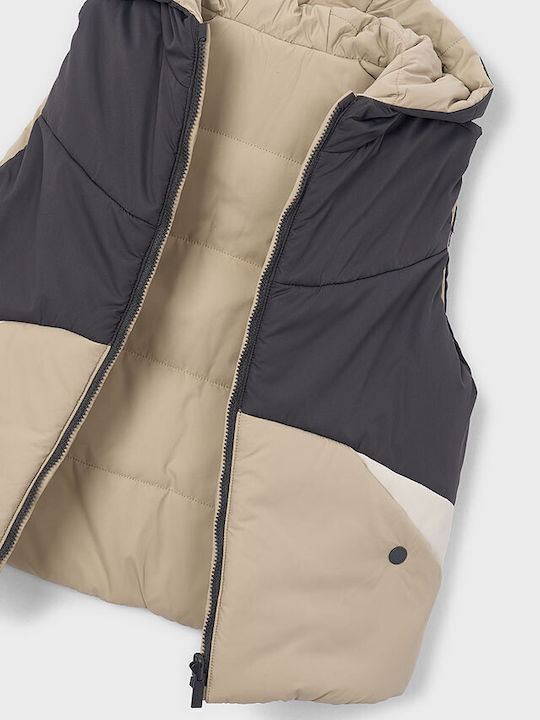 Kids Casual Sleeveless Short Hooded Jacket Beige