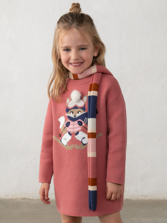 Mädchenkleid Langärmelig Gestrickt Gestreift Rosa