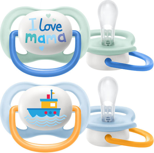 Philips Ultra Air Orthodontic Pacifiers Silicone with Case I Love Mama - Blue for 0-6 months 2pcs