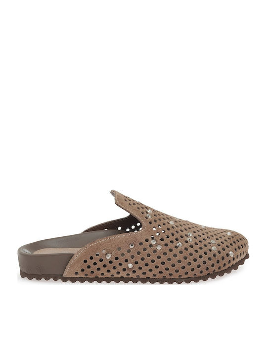 Flat Leather Mules in Brown Colour