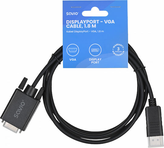 Savio Кабел DisplayPort мъжки - VGA мъжки 1.8m Черен