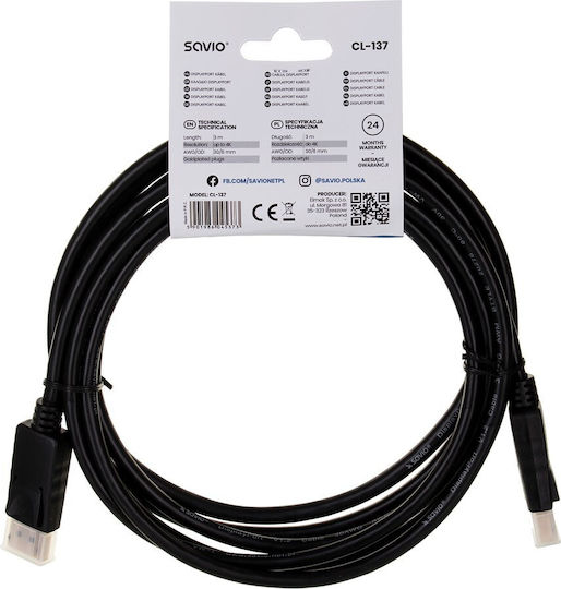 Savio Cable DisplayPort male - DisplayPort male 3m Black (CL-137)