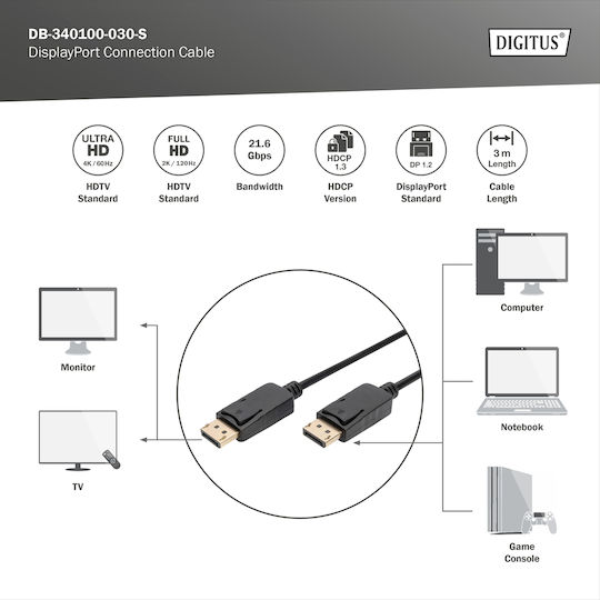 Digitus Cable DisplayPort male - DisplayPort male 3m Black (DB-340100-030-S)