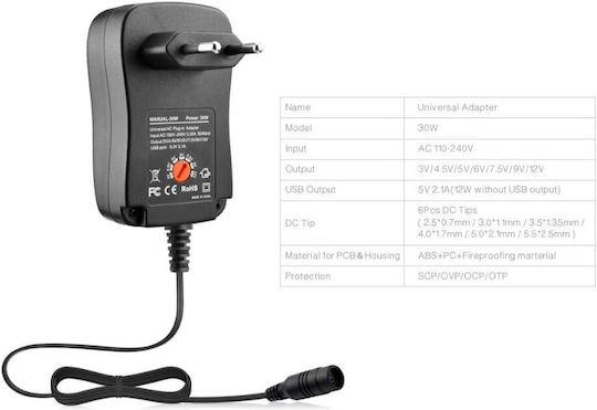 ATC Universal Power Adapter Adjustable Voltage 12V 2.5A with Power 30W with Plug Set (05.007.0034)
