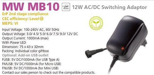 Minwa MW-MB-10 Universal Power Adapter Adjustable Voltage 3 to 12V 1A with Power 12W with Plug Set