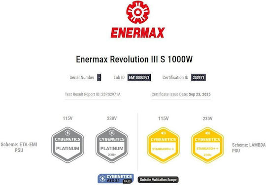 Enermax Revolution III S 1000W Μαύρο Τροφοδοτικό Υπολογιστή Full Modular 80 Plus Platinum