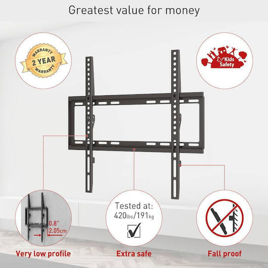 Barkan Suport Fix Montat Pe Perete Pentru Monitor Tv Compatibil Cu Ecrane 13-65" Greutate Maximă Susținută 50kg Vesa 75x75~400x400 Negru