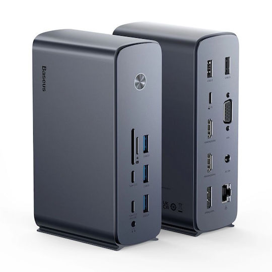 Baseus UnionJoy USB-C Докинг станция с HDMI/DisplayPort 4K PD Етърнет и свързване 2 монитора Сив