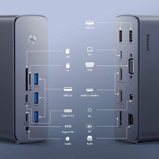 Baseus UnionJoy USB-C Докинг станция с HDMI/DisplayPort 4K PD Етърнет и свързване 2 монитора Сив