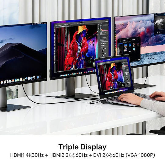 Unitek uHUB11+ USB-C Docking Station με HDMI 4K PD Ethernet και σύνδεση 3 Οθονών Γκρι