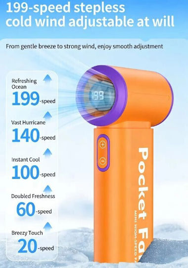 Roza T317 Portable Mini Pocket Handheld Fan 4000mAh Rechargeable LED Display & 199 Speeds Grey Purple
