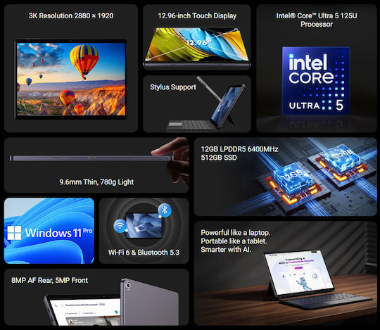 Chuwi Hi10 Max 12.96 Zoll Tablet (12GB/512GB/Tastatur/Hülle/Windows 11 Pro) Graue
