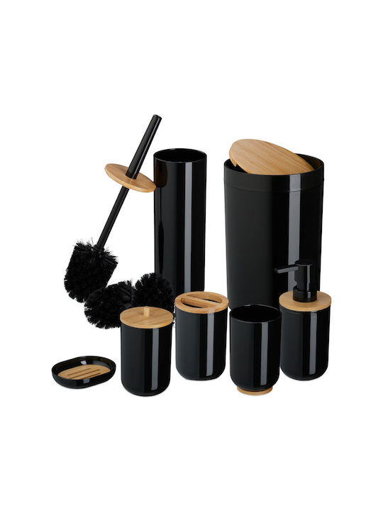 Relaxdays Set de accesorii pentru baie din plastic negru 7 bucăți