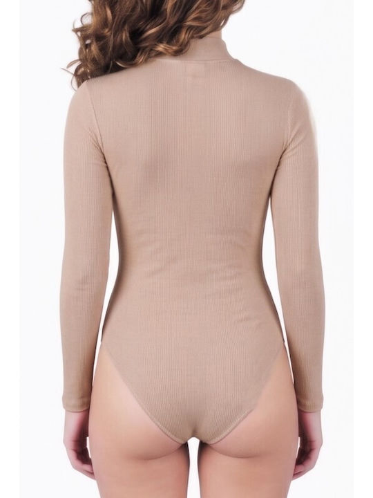 Body Suit-uri Pentru Femei Cu Mâneci Lungi Pulover Cu Guler Înalt Bej 1113mp