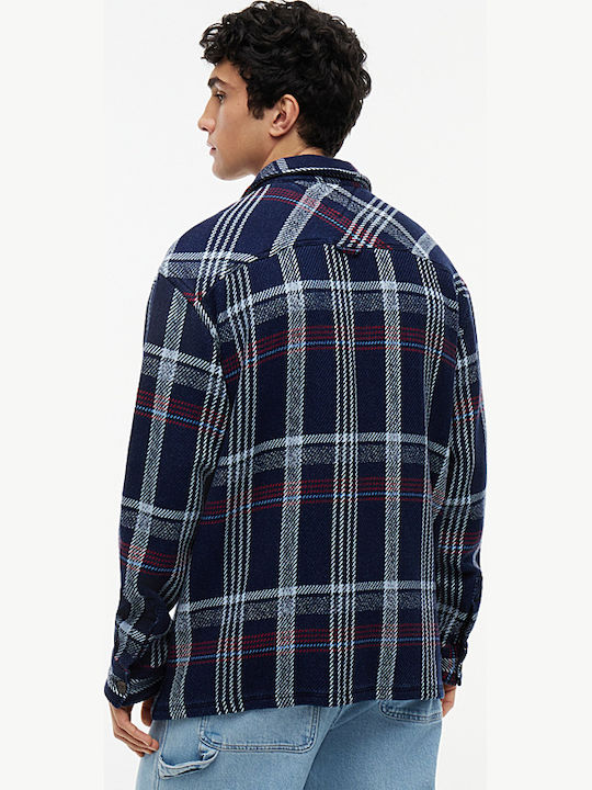 Long Sleeve Checked Navy Blue Shirt