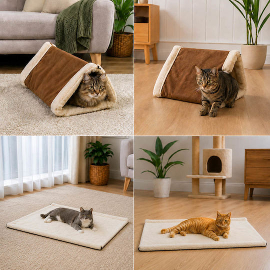 Self Heating Cat Bed Tunnel Mat 2 1 White Brown Sn23521 66