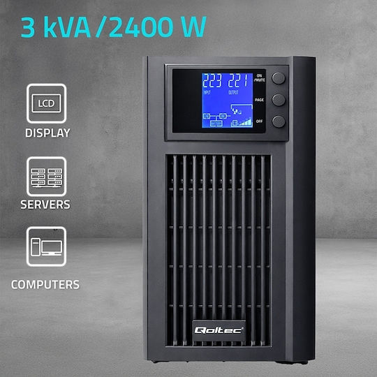 Qoltec 52642 UPS On-Line 3000VA 2400W με 2 Schuko Πρίζες