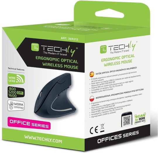 Techly IM 1200-VM-B Ασύρματο Εργονομικό Vertical Ποντίκι Μαύρο