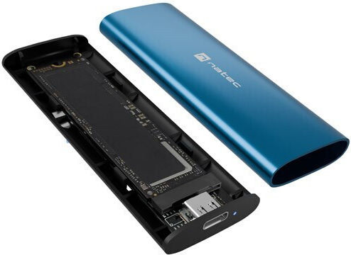 Natec Rhino Festplattengehäuse für M.2 SATA III NVME mit Type-C Konnektivität in Blauer Farbe