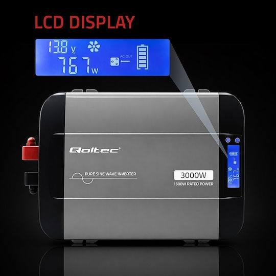 Qoltec Инвертор С Чиста Синусоидална Вълна Мощност 1500W С Входно Напрежение 12V Еднофазен 52690