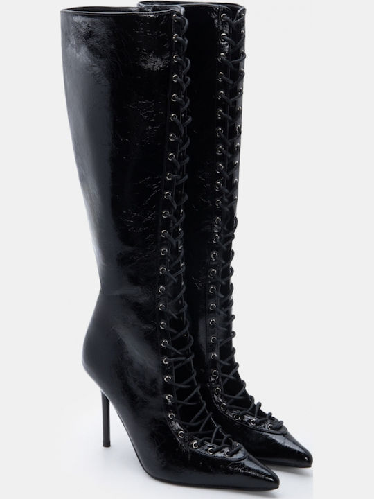 Damenstiefel aus Lackleder mit Hohem Absatz Schwarz