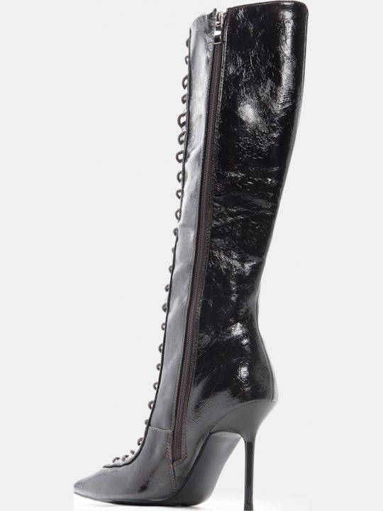 Women's Boots from Patent Leather with High Heel Brown