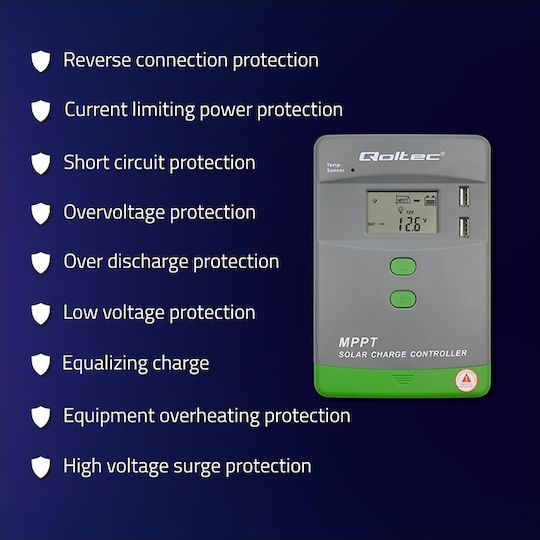 Qoltec Solar Charge Controller Mppt Temperature Sensor 10a 12v 24v Lcd 2 X Usb Gel Lifepo4