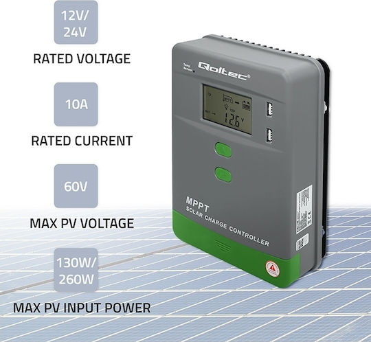 Qoltec Solar Charge Controller Mppt Temperature Sensor 10a 12v 24v Lcd 2 X Usb Gel Lifepo4