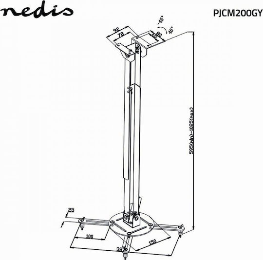 Nedis Ceiling Mount Projector Full Motion Load Capacity 10 Kg 360° Rotation 4 Arms Steel Gray