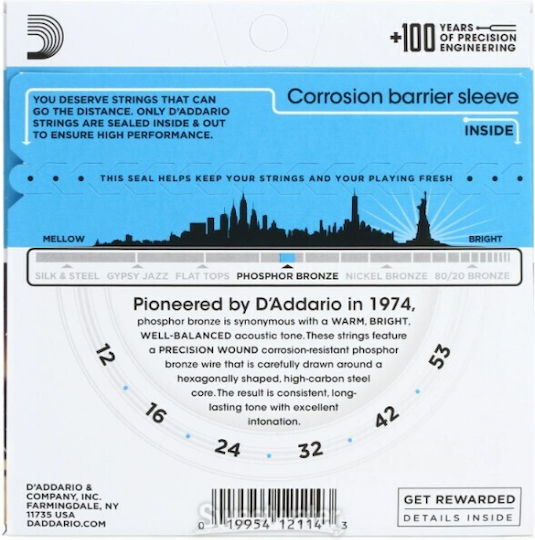 Daddario Acoustic Σετ Χορδών Phosphor Bronze Ακουστικής Κιθάρας 12 - 53" Regular Light