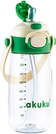 Akuku Sticlă Pentru Copii Din Plastic Cu Pai Antivărsare Verde 480ml