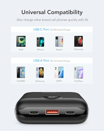 Veger S20 Baterie Externă 20000mAh 20W Cu Port USB-A Și 2 Porturi USB-C Încărcare Rapidă Negru