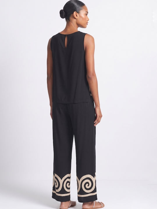 Damen Sommer Leinen Ärmellose Bluse Schwarz