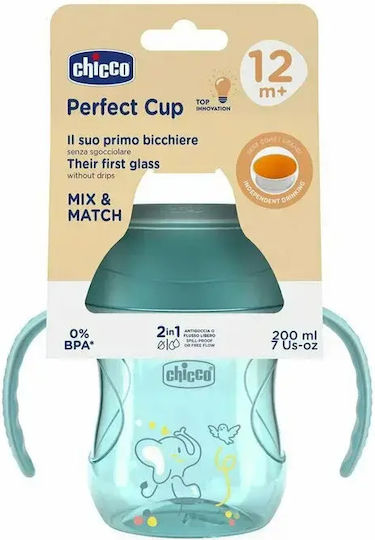 Chicco Pahar pentru Copii cu Mânere și Paie Perfect Cup din Plastic Verde 200ml pentru 12m+