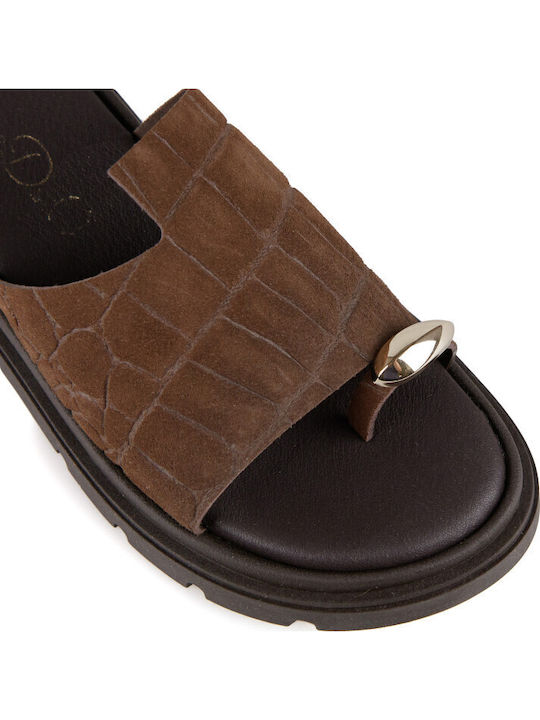 Leather Women's Flat Sandals Flatforms Brown