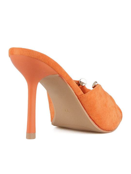 Suede Mules With High Heel In Orange Colour