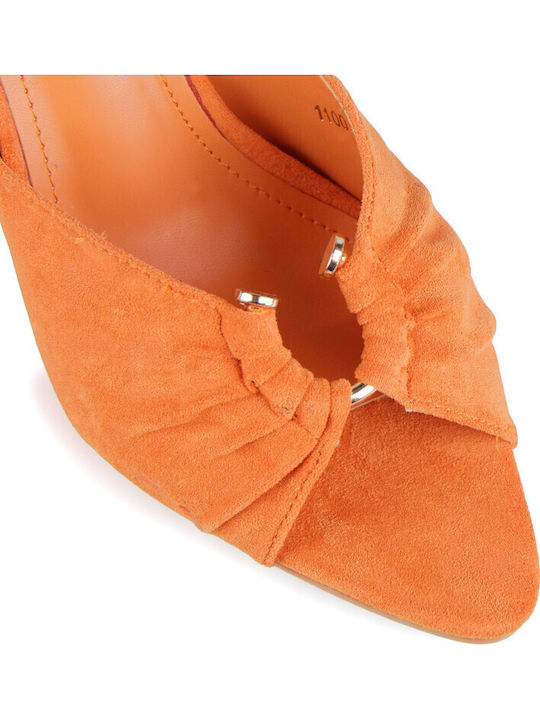 Suede Mules With High Heel In Orange Colour