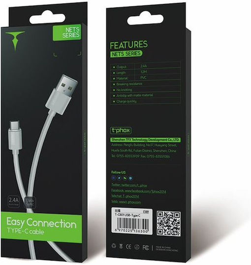 T-Phox Cablu USB 2.0 USB-C masculin - USB-A Alb 1.2m