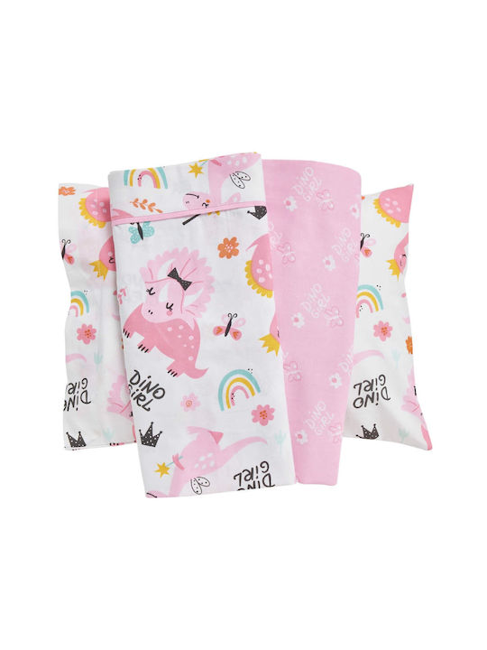 Das Home Dino Girl Комплект Бебешки Чаршафи За Количка Памучни Розов 130x170бр 3бр