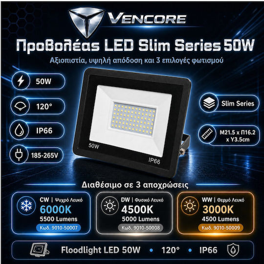 VenCore Proiector LED Etanș 50W Alb Natural 4500K IP66